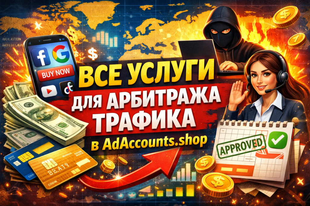 Все услуги для арбитража трафика в AdAccounts.shop — аккаунты, карты, фарминг