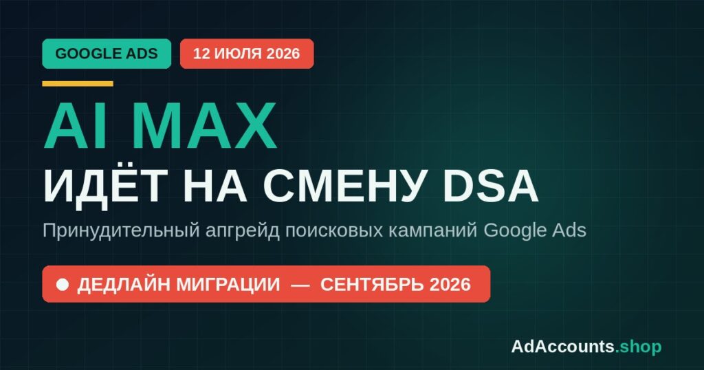 AI Max в Google Ads 2026 — переход с DSA на новый формат, обложка статьи AdAccounts.shop