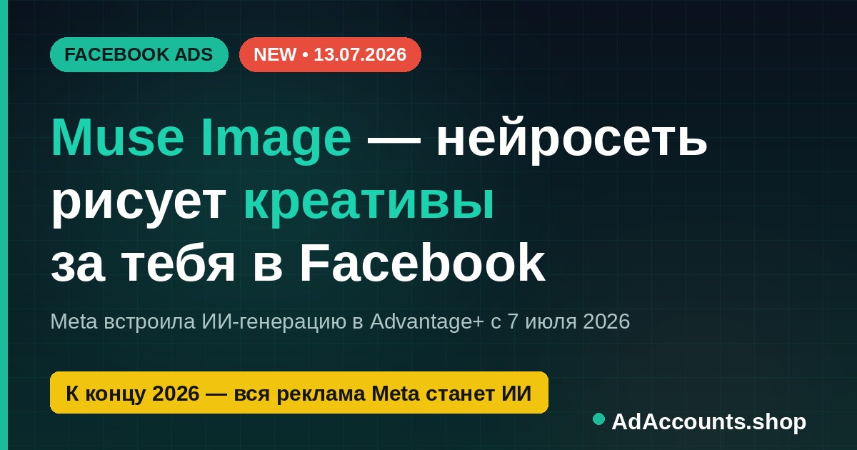 Muse Image в Facebook Ads 2026 — ИИ-генерация рекламных креативов в Advantage+, обложка статьи AdAccounts.shop