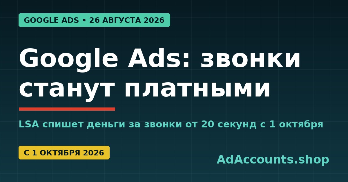 Обложка статьи: Google Ads — пропущенные звонки станут платными с 1 октября 2026, adaccounts.shop